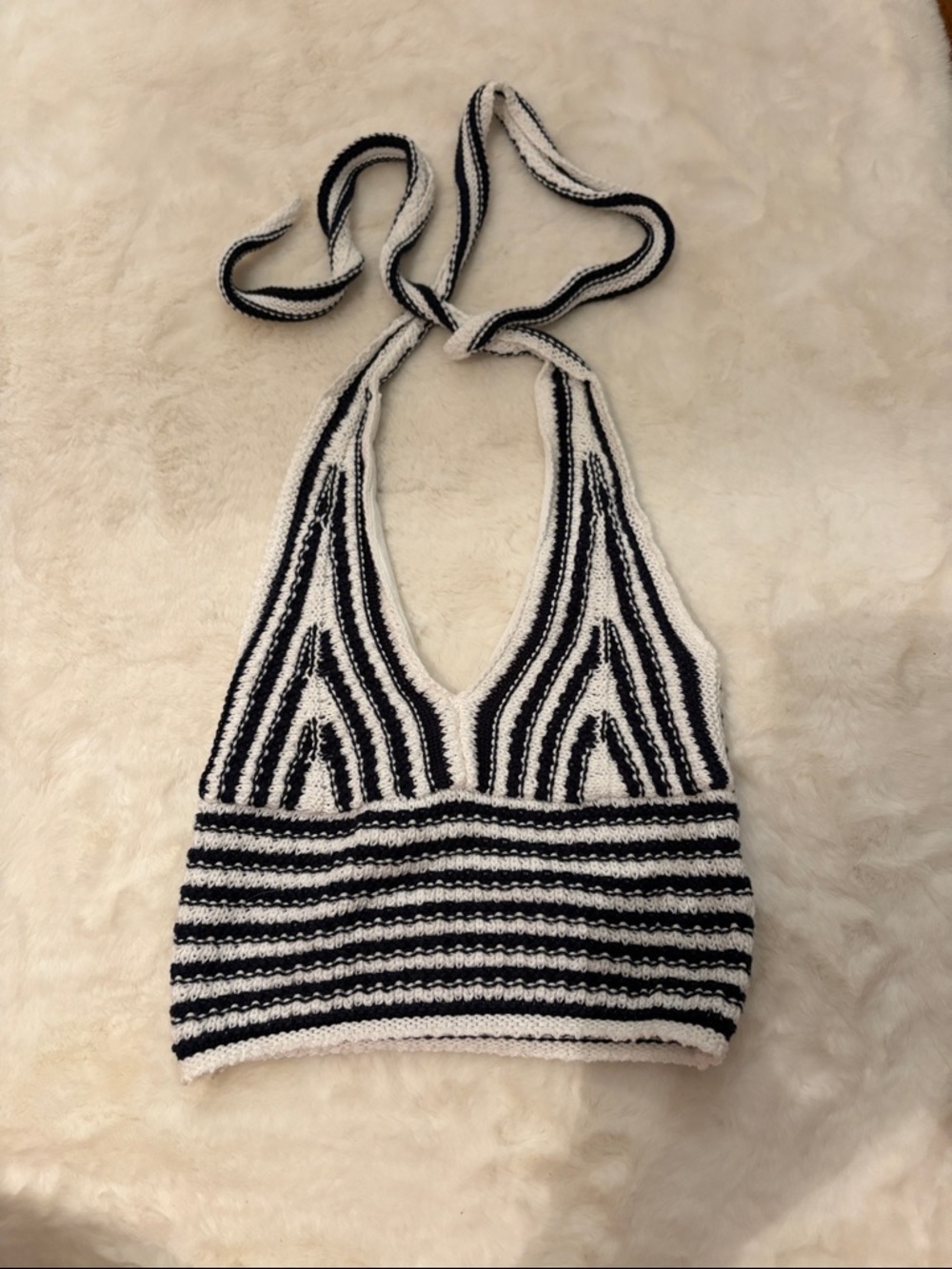 Hollister Black and White Striped Crochet Halter Crop Top